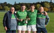 21 October 2017; Shane Bennett, left, Patrick Curran of Ireland with kitmen Tommy Byrne, left, and Roger Casey and the cup after the U21 Shinty International match between Ireland and Scotland at Bught Park in Inverness, Scotland. Photo by Piaras Ó Mídheach/Sportsfile