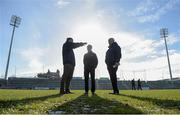 1 February 2015; Referee David Coldrick, centre, speaks to Ronan Harte, left, groundsman, and Dessie McDonnell, referee liason officer, before the game. Allianz Football League, Division 3, Round 1, Armagh v Tipperary. Athletic Grounds, Armagh. Picture credit: Oliver McVeigh / SPORTSFILE