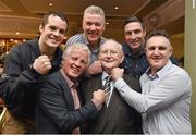 2 February 2015; Broadcaster and Journalist Jimmy 'The Memory Man' Magee with boxers who between them hold 40 national boxing titles, from left to right, Darren O'Neill, 5, Mick Dowling, 8, Jim O'Sullivan, 10, Kenny Egan, 10, and Billy Walsh, 7, who joined him to celebrate his 80th birthday at a party in the Goat Bar & Restaurant, Goatstown, Dublin. Picture credit: Ray McManus / SPORTSFILE
