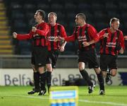 6 November 2007; Crusaders' David Rainey, left, celebrates after scoring his side's opening goal. CIS Insurance Cup semi-final, Crusaders v Glentoran, Winsor Park, Belfast, Co. Antrim. Picture credit; Oliver McVeigh / SPORTSFILE