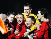 6 November 2007; Crusaders' players Barry Spence, Chris Morrow, Aaron Hogg, Stephen McBride, and Declan Cadell celebrate after the final whistle. CIS Insurance Cup semi-final, Crusaders v Glentoran, Winsor Park, Belfast, Co. Antrim. Picture credit; Oliver McVeigh / SPORTSFILE