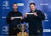 6 February 2015; Leinster head coach Matt O'Connor, right, draws out the name of  Presentation College Bray, and Conor Montayne, Chair of the School Committee, draws out the name of Cistercian College during the Bank of Ireland Leinster Schools Junior Cup Second Round Draw. Donnybrook Stadium, Donnybrook, Dublin. Picture credit: Matt Browne / SPORTSFILE