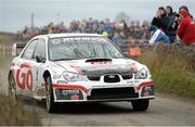 7 February 2015; Gary Jennings and Rory Kennedy in action in their Subaru Impreza WRC on SS2 Cappacasheen during the Galway International Rally, Gort, Co.Galway Picture credit: Barry Cregg / SPORTSFILE