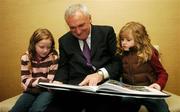 5 November 2007; An Taoiseach Bertie Ahern T.D. with Lucy, age 7, and Isabella Maher, age 6, from Kilcock, Co. Kildare, at the book launch of A Season of Sundays 2007. In its eleventh successive year Sportsfile photographers have captured another historic GAA year. Jurys Croke Park Hotel, Croke Park Stadium, Jones's Road, Dublin. Picture credit: David Maher / SPORTSFILE