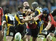10 November 2007; Eoin Reddan, London Wasps, has his kick blocked by Alan Quinlan, Munster. Heineken Cup, Pool 5, Round 1, London Wasps v Munster, Ricoh Arena, Foleshill, Coventry, England. Picture credit; Matt Browne / SPORTSFILE *** Local Caption ***