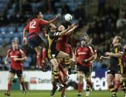 10 November 2007; Fraser Waters, London Wasps, takes the ball against Lifeimi Mafi, 12, and Mick O'Driscoll, Munster. Heineken Cup, Pool 5, Round 1, London Wasps v Munster, Ricoh Arena, Foleshill, Coventry, England. Picture credit; Matt Browne / SPORTSFILE