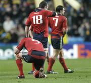 10 November 2007; Mick O'Driscoll, 5, Anthony Foley, 18, and David Wallace,7, Munster, after the final whistle. Heineken Cup, Pool 5, Round 1, London Wasps v Munster, Ricoh Arena, Foleshill, Coventry, England. Picture credit; Matt Browne / SPORTSFILE