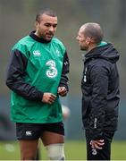 10 February 2015; Ireland's Simon Zebo in conversation with strength & conditioning coach Jason Cowman during squad training. Carton House, Maynooth, Co. Kildare. Picture credit: Brendan Moran / SPORTSFILE