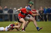 10 February 2015; Shane O'Donnell, UCC, in action against Dan Morrissey, left, and David McInerney, UL. Independent.ie Fitzgibbon Cup, Group B, Round 3, UCC v UL, Mardyke, Cork. Picture credit: Barry Cregg / SPORTSFILE