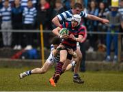 10 February 2015; Brian Bennett, St. Munchin’s, is tackled by Tom McHale, left, and Niall Campion, Rockwell College. SEAT Munster Schools Senior Cup Quarter-Final, Rockwell College v St. Munchin’s College, Clanwilliam Park, Tipperary Town. Picture credit: Diarmuid Greene / SPORTSFILE