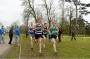 11 February 2015; Adam Fitzpatrick, left, South Kieran's College Kilkenny, on his way to winning the Junior Boy's race at the GloHealth Leinster Schools’ Cross Country Championships. Santry Demesne, Santry, Co. Dublin. Picture credit: Barry Cregg / SPORTSFILE