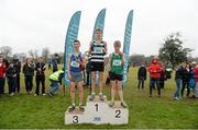 11 February 2015; Adam Fitzpatrick, centre, St. Kierans College Kilkenny, winner of the Junior Boy's race with runner up Jack Moran, right, North Colaiste Mhuire, Mullingar, and third placed finisher Cian May, Salesian College, at the GloHealth Leinster Schools’ Cross Country Championships. Santry Demesne, Santry, Co. Dublin. Picture credit: Barry Cregg / SPORTSFILE