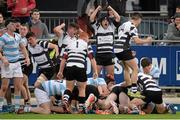 11 February 2015; Cistercian College Roscrea players celebrate after prop Dylan Murphy scored a last minute try to claim victory over Blackrock College. Bank of Ireland Leinster Schools Senior Cup, 2nd Round, Blackrock College v Cistercian College Roscrea, Donnybrook Stadium, Donnybrook, Dublin. Picture credit: Cody Glenn / SPORTSFILE