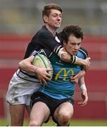 11 February 2015; David Garry, Castletroy College, is tackled by Darragh Dennehy, PBC. SEAT Munster Schools Senior Cup Quarter-Final, Castletroy College v Presentation Brothers College. Thomond Park, Limerick. Picture credit: Diarmuid Greene / SPORTSFILE