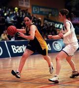 9 February 2000; Denise Fitzgerald of Colaiste Dun Iascaigh Cahir in action against Laura O'Connor of Mount Temple Dublin during the Bank of Ireland Schools Cup Girls' C Final match between Colaiste Dun Iascaigh Cahir and Mount Temple Dublin at National Basketball Arena in Tallaght, Dublin. Photo by Brendan Moran/Sportsfile