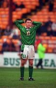19 April 2000; Dessie Byrne of Republic of Ireland looks dejected following the UEFA European Under-18 Championship Play-Off 2nd Leg match between Republic of Ireland and France at Tolka Park in Dublin. Photo by David Maher/Sportsfile