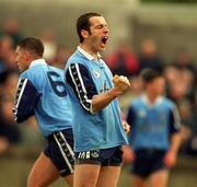 9 April 2000; Ian Robertson of Dublin celebrates a late score during the Church & General National Football League Division 1A match between Dublin and Cork at Parnell Park in Dublin. Photo by Brendan Moran/Sportsfile