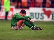 19 April 2000; John Tompson of Republic of Ireland looks dejected following the UEFA European Under-18 Championship Play-Off 2nd Leg match between Republic of Ireland and France at Tolka Park in Dublin. Photo by David Maher/Sportsfile
