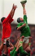 1 April 2000; Malcolm O'Kelly of Ireland wins possession of a line-out ahead of Andrew Moore of Wales during the Lloyds TSB 6 Nations match between Ireland and Wales at Lansdowne Road in Dublin. Photo by Brendan Moran/Sportsfile