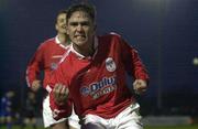 7 April 2000; Richie Baker of Shelbourne celebrates after scoring his side's second goal during the Eircom League Premier Division match between Waterford United and Shelbourne at Regional Sports Centre in Waterford. Photo by David Maher/Sportsfile