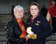 18 November 2007; Noleen McKenna, Keady, Armagh, is presented with Player of the Match award by Síle De Bhailis, Ardstiúrthóir, Cumann Camógaíochta na nGael. All-Ireland Junior Camogie Club Championship Final, Keady, Armagh v Harps, Laois, Stabannon Parnells, Stabannon, Co. Louth. Picture credit: Caroline Quinn / SPORTSFILE