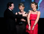 17 November 2007; MC Marty Morrissey speaking with Aoife Quinn, right, alongside her mother Mary, who was presented with the Hall of Fame award, at the 2007 O'Neills/TG4 Ladies Gaelic Football All-Star Awards.  Citywest Hotel, Conference, Leisure & Golf Resort, Saggart, Co Dublin. Picture credit: Brendan Moran / SPORTSFILE  *** Local Caption ***