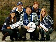 20 November 2007; Former Leinster and Ireland hooker, Shane Byrne, has teamed up with Guinness to encourage Leinster fans to travel to Cork for the match against Munster on Friday 30th November. Guinness are arranging buses to bring Leinster fans to Cork for the game, free of charge. Pictured with  the Leinster legend Shane Byrne are Leinster supporters, from left, Jenny Gleeson, Jack Hedigan, Rossa Keane and Suzanne Cairns. Ely Place, Dublin. Picture credit: Brendan Moran / SPORTSFILE