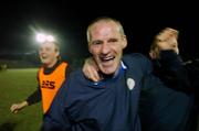 23 November 2007; Finn Harps manager Paul Hegarty celebrates at the final whistle after his team won promotion to the eircom League of Ireland Premier Division. eircom League of Ireland Promotion / Relegation play-off, second leg, Waterford United v Finn Harps. RSC, Waterford. Picture credit; Matt Browne / SPORTSFILE