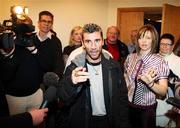 30 November 2007; Wayne McCullough, and wife and manager Cheryl McCullough, in dispute with legendry Boxing Journalist, Jack Magowan, after the Weigh-in for this Saturday's WBC Superbantamweight bout. Wayne McCullough v Kiko Martinez Weigh-in, Conference centre, Kings Hall, Belfast, Co. Antrim. Picture credit: Oliver McVeigh / SPORTSFILE