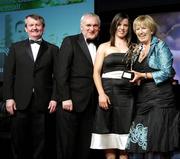 17 November 2007; Brianne Leahy, Kildare, is presented with her Allstar award by Geraldine Giles, President, Cumann Peil na mBan, in the company of An Taoiseach Bertie Ahern, T.D, Pol O Callachoir, left, Ceannsai, TG4, at the 2007 O'Neills/TG4 Ladies Football All-Star Awards. Citywest Hotel, Conference, Leisure & Golf Resort, Saggart, Co. Dublin. Picture credit: Brendan Moran / SPORTSFILE  *** Local Caption ***