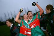 25 November 2007; Aoife Loftus, left, and Joan Hallinan, Carnacon, Mayo, celebrate after the match. VHI Healthcare All-Ireland Ladies Senior Club Football Championship Final, Carnacon, Mayo v Inch Rovers, Cork, St Rynaghs GAA, Club, Banagher, Co. Offaly. Picture credit: Brian Lawless / SPORTSFILE