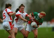 25 November 2007; Fiona McHale, Carnacon, Mayo, in action against Annie Walsh and Ciara Walsh, left, Inch Rovers, Cork. VHI Healthcare All-Ireland Ladies Senior Club Football Championship Final, Carnacon, Mayo v Inch Rovers, Cork, St Rynaghs GAA, Club, Banagher, Co. Offaly. Picture credit: Brian Lawless / SPORTSFILE