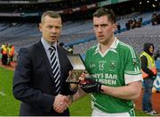 15 February 2015; Keith Killilea, Kilburn Gaels, receives the Man of the Match Award from Brian Skehan, AIB. AIB GAA Hurling All-Ireland Intermediate Club Championship Final, O'Donovan Rossa v Kilburn Gaels, Croke Park, Dublin. Picture credit: Oliver McVeigh / SPORTSFILE