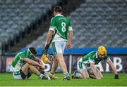 15 February 2015; Dejected Kilburn Gaels teammates Martin Duggan, Henry Vaughan and Keith Killilea after the final whistle. AIB GAA Hurling All-Ireland Intermediate Club Championship Final, O'Donovan Rossa v Kilburn Gaels, Croke Park, Dublin. Picture credit: Oliver McVeigh / SPORTSFILE