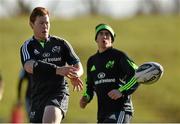 17 February 2015; Munster's Cathal Sheridan supported by team-mate Ian Keatley during squad training. University of Limerick, Limerick. Picture credit: Diarmuid Greene / SPORTSFILE