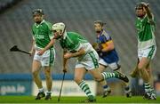 15 February 2015; Luke Gaule, Kilburn Gaels, supported by team-mates Keith Kennedy, left, and Brian Regan. AIB GAA Hurling All-Ireland Intermediate Club Championship Final, O'Donovan Rossa v Kilburn Gaels, Croke Park, Dublin. Picture credit: Piaras Ó Mídheach / SPORTSFILE