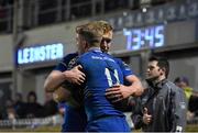 20 February 2015; Luke Fitzgerald, Leinster, 11, is congratulated by team-mate Dan Leavy after scoring his side's third try. Guinness PRO12, Round 15, Leinster v Zebre. RDS, Ballsbridge, Dublin. Picture credit: Stephen McCarthy / SPORTSFILE