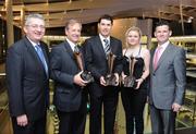 4 January 2008; Arthur Pierse, with his 'Distinguished Services' award, Pádraig Harrington with his 'Professional of the Year' award, and Karen Delaney who was presented with the 'Women's Amateur of the Year' award by Billy Andrews, left, General Manager AIB and Greg Allen, Chairman of the Irish Golf Writers' Association at the 2007 AIB Irish Golf Writers' Annual Awards. AIB Bank Centre, Ballsbridge, Dublin. Photo by Sportsfile