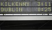 22 February 2015; A view of the scoreboard at the end of the game showing Kilkenny 3-11 Dublin 0-25. Allianz Hurling League, Division 1A, Round 2, Kilkenny v Dublin. Nowlan Park, Kilkenny. Picture credit: Stephen McCarthy / SPORTSFILE