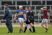 22 February 2015; Tipperary captain Brendan Maher in conversation with referee James McGrath at half-time. Allianz Hurling League, Division 1A, Round 2, Tipperary v Galway. Semple Stadium, Thurles, Co. Tipperary. Picture credit: Piaras Ó Mídheach / SPORTSFILE
