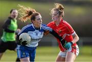 22 February 2015; Laura McEneaney, Monaghan, in action against Maire O'Callaghan, Cork. TESCO HomeGrown Ladies National Football League, Division 1, Round 3, Monaghan v Cork,  Blackhill Emeralds GAC, Castleblayney, Co. Monaghan. Picture credit: Brendan Moran / SPORTSFILE