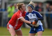 22 February 2015; Ciara McAnespie, Monaghan, in action against Maire O'Callaghan, Cork. TESCO HomeGrown Ladies National Football League, Division 1, Round 3, Monaghan v Cork,  Blackhill Emeralds GAC, Castleblayney, Co. Monaghan. Picture credit: Brendan Moran / SPORTSFILE