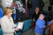 9 January 2008; Anthony Archibald, from Dublin, with RTE presenter Kathryn Thomas, right, and Mary Davis, CEO Special Olympics Ireland, pictured at a celebration and presentations to mark the completion of a health promotion project in St. Vincent's Centre. 24 individuals took part in the pilot program of health promotion for people with intellectual disabilities. The program was held over 10 weeks and was run in conjunction with Special Olympics Ireland and the Daughters of Charity Service for persons with an intellectual disability. St. Vincent's Centre, Navan Road in Dublin. Picture credit: David Maher / SPORTSFILE