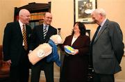 15 January 2008; From left, Alan Moran, Managing Director of Hibernian Healthcare, Dr. Conor McCarthy, IRFU Medical Director, Mary Harney, T.D., Minister for Health and Children, and John Lyons, Senior Vice-President IRFU, at the announcement of the IRFU First Aid Training and Defibrillator Programme. Royal College of Physicians, Kildare St, Dublin. Picture credit; Paul Mohan / SPORTSFILE *** Local Caption ***