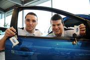 21 January 2008; Pictured are PFAI/Ford Premier Division Player of the Year, Brian Shelley, left, and PFAI/Ford First Division Player of the Year, Conor Gethins, receiving their brand new Ford Focus cars. Shelley, Drogheda United and Gethins, Finn Harps, both have the use of the Ford Focus cars for the year after winning their respective Ford/PFAI Awards in November. Airside Ford, Airside Motor Park, Nevinstown, Swords, Dublin. Picture credit: Brian Lawless / SPORTSFILE