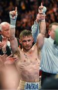 28 February 2015; Carl Frampton after a fifth round stoppage against Chris Avalos in their IBF Super-Bantamweight World Title fight. The World is Not Enough, Odyssey Arena, Belfast, Co. Antrim. Picture credit: Ramsey Cardy / SPORTSFILE