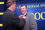 15 April 2000; Outgoing President Joe McDonagh fixes the medal of office onto Seán McCague's lapel during the GAA Annual Congress 2000 at Corrib Great Southern Hotel in Galway. Photo by Ray McManus/Sportsfile