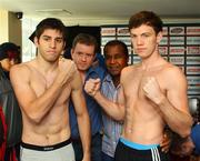 1 February 2008; Andy Lee, right, and Alejandro Gustavo Falliga, left, pictured with promoter Brian Peters and coach Emmanuel Steward at the pre-fight weigh in ahead of the Ladbrokes.com Fight Night on Saturday night. Andy Lee and Alejandro Gustavo Falliga pre-fight weigh in, George Hotel, Limerick. Picture credit; Kieran Clancy / SPORTSFILE