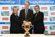 2 March 2015; Pictured at the announcement of the venues which have been selected to host matches at Rugby World Cup 2019 in Japan are Akira Shimazu, CEO Japan Rugby World Cup 2019, left, Bernard Lapasset, Chairman Rugby World Cup Limited, centre, and Tatsuzo Yabe, Chairman of Japan Rugby Union. Westbury Hotel, Dublin. Picture credit: Ramsey Cardy / SPORTSFILE