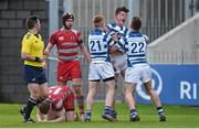 4 March 2015; Bryan McLaughlin, Rockwell College, is congratulated by team-mates josh Pickering, left, and Diarmuid Gallagher, after scoring a late second-half try. SEAT Munster Schools Senior Cup Semi-Final, Glenstal Abbey v Rockwell College. Thomond Park, Limerick. Picture credit: Diarmuid Greene / SPORTSFILE